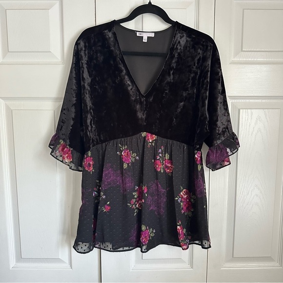 DR2 Tops - DR2 Tunic Top Womens L Black Velvet Floral Sheer Ruffle Boho Peplum Whimsigoth